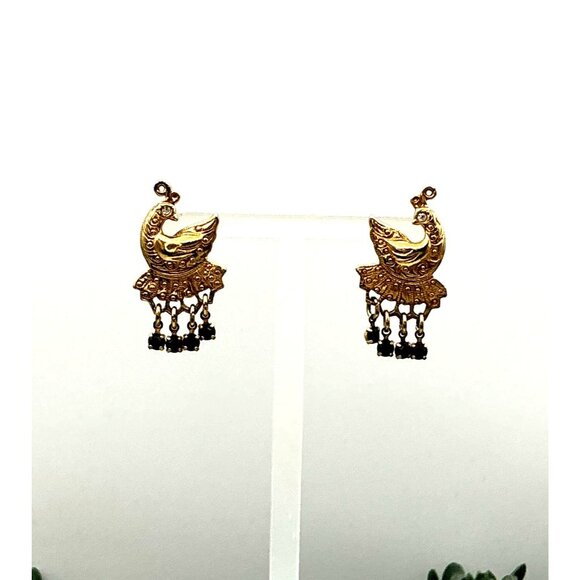 Gold-Tone Peacock Dangling Earrings With Black Beads - Picture 5 of 6